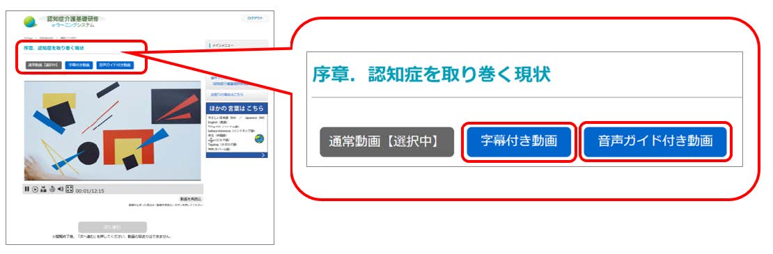 研修動画の画面を表示.　「通常動画」ボタン，「字幕付き動画」ボタン，「音声ガイド付き動画」ボタンの位置を示す.